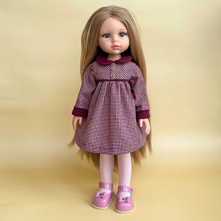 Платье на куклу Paola Reina 33 см, на кокеткой, мелкая бордовая клетка
