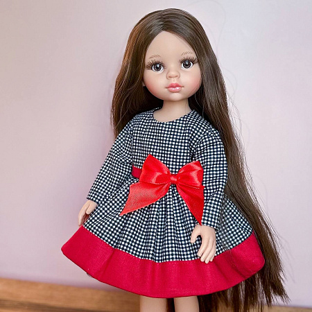 Платье в мелкую клеточку, черное, с красной отделкой на Paola Reina, или на куклу 32-35 см