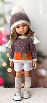 Комплект вязанный новогодний для куклы Paola Reina 33 см, джемпер и колпак (шапка), с домиками