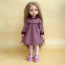 Платье на куклу Paola Reina 33 см, на кокеткой, мелкая бордовая клетка
