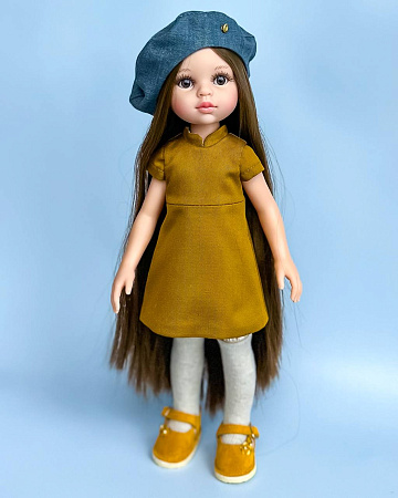 Комплект из 4 предметов на куклу Paola Reina 33 см: Пальто, платье, чулки, берет, Горчичное платье