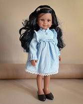 Вельветовое платье для куклы Paola Reina 33 см, на кокетке с рюшами, голубое, + ОБОДОК