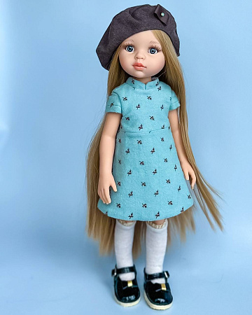 Комплект из 4 предметов на куклу Paola Reina 33 см: Пальто, платье, чулки, берет, Бирюзовый