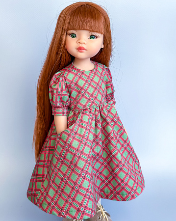 Платье для куклы Paola Reina 33-36 см, с карманами, клетка с зеленым